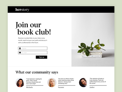 Daily UI #003: Landing page book club dailyui dailyui 003 dailyuichallenge form field minimalist sign up sign up form testimonial ui website website design websites