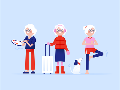 In 50 years active character character design dog grandma granny illustration old lady painting travel woman yoga