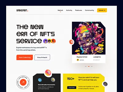 RAREART-NFTs Landing Page artwork bitcoin blockchain coins crypto currency crypto wallet cryptoart finance illustration marketplace minimal nft nft coin nft landing page nft marketplace nftart nfts remarkable art web design website