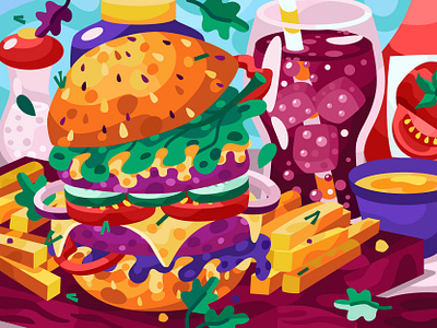 Tasty burger adobe illustrator app burger coke design flat food food and drink food illustration french fries graphic illustration vector vector art