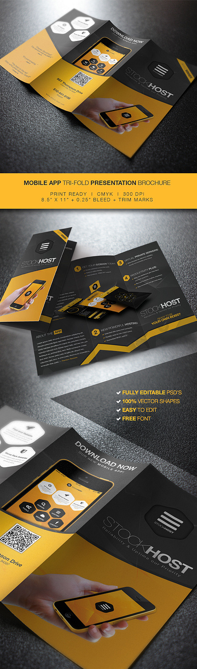 Mobile App Tri-Fold Presentation Brochure app brochure business cmyk corporate coupon dark design marketing mobile modern phone photoshop presentation print professional sale trifold trifold brochure