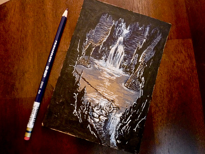 Let me risk a little more light.... adventure cave cavern colored pencil dnd dungeons and dragons encounter illustration ink lake ttrpg underground waterfall