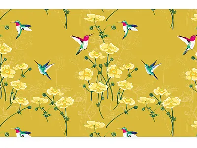 hummingbirds and yellow anemones (textile print) birds fabric fabric design fabric pattern flowers illustration pattern textile