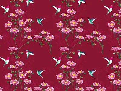 hummingbirds and pink anemones (textile print) birds fabric fabric design fabric pattern flowers illustration pattern textile