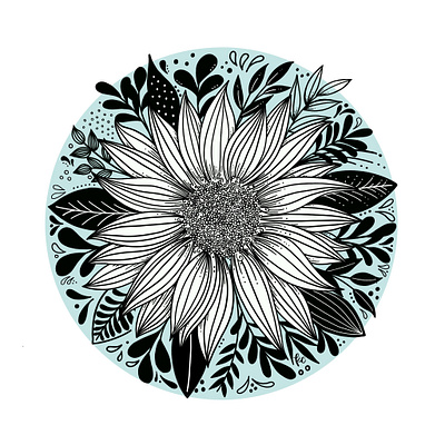 Sunflower Round black and white botanical design florals flower illustration illustration kathryn cole procreate