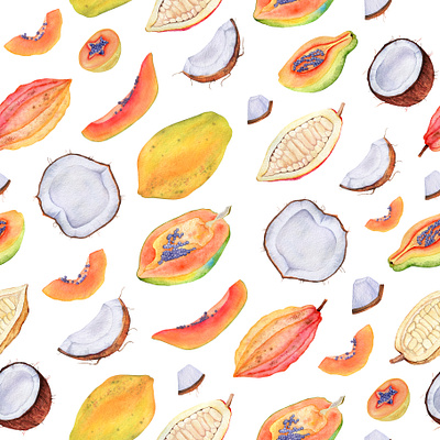 Watercolor juicy exotic fruits, cocoa, coconuts, papaya fabric pattern hand drawn illustration painted pattern tropical watercolor