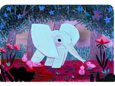 baby elephant + birds art birds character design color cute animals elephant gouache illustration painting