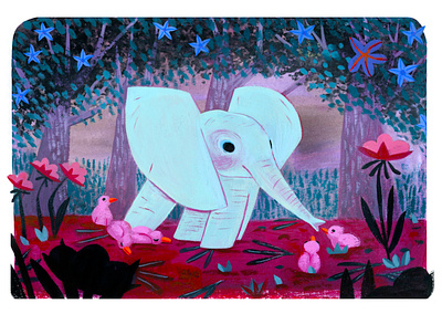 baby elephant + birds art birds character design color cute animals elephant gouache illustration painting