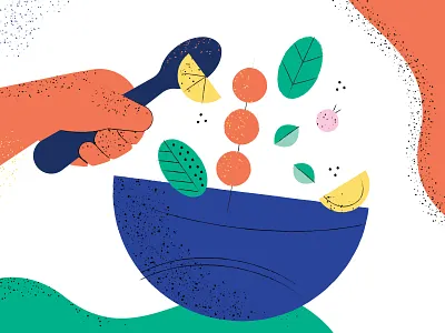 Salad bowl bowl hand illustration kebab leaf lemon salad spoon texture vector