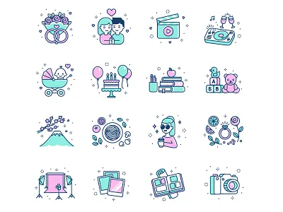 Photography icons baby birthday camera cartoon couple design event flat food fuji icon icons illustration minimal photo studio photography pink vector video wedding