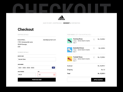 Daily UI 002 :: Adidas Checkout Page black creditcard dailyui ecommerce interface payment shoes shopping ui ux website