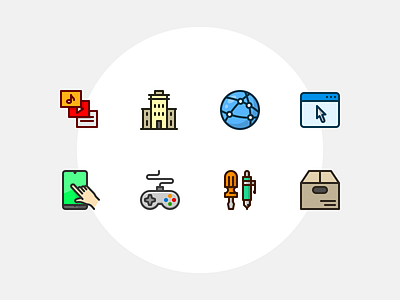 Miscellaneous icons box browser building filled outline gamepad globe icon icon set iconography icons icons set iconset intranet pen screwdriver smartphone ui ux vector web