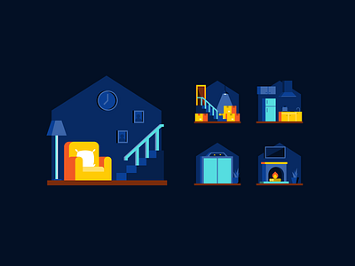 Real estate: Interiors architecture basement building family room flat home house icon icon design illustration interior kitchen lift livingroom pictogram property real estate spot icon spot illustration