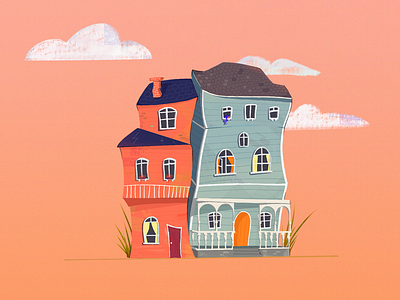 Q U A R T E R S 2d art art direction blue cartoon clouds colors design dribbble grass house illustration institution orange shot simple