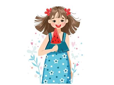 Girl with slice of watermelon activity background card cartoon character children decorative design eat food fresh fruit girl happy illustraion kid print summer vector watermelon