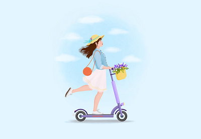 Girl on a Kick Scooter art city life digital art drawing flowers girl illustration kick scooter portrait summer vacation woman