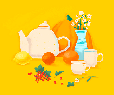 Summer vibe artwork breakfast brush cups design flover illustration lemon lovely orange oranges scetch teapot vase