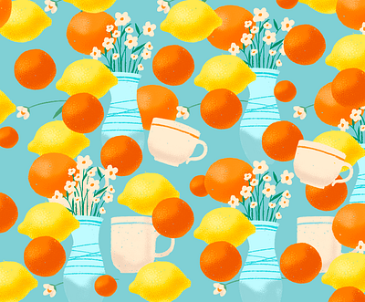 Summer pattern artwork brakfast brush characterdesign cup cups design flower illustration lemon lovely orange pattern scetch vase