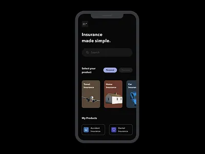 Dark mode of Home Screen app dark mode design insurance mobile phone sketch source ui