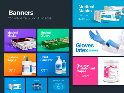 Website & Social Media Banners banner ad banners design corona coronavirus facebook ad facebook cover gloves instagram banner instagram post instagram template masks medical medical care sanitizer social media wipes