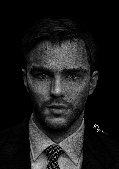 Nicholas Hoult Line Art Portrait black and white lineart realistic drawing vector