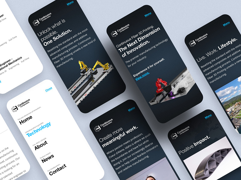 Continuous Composite Website - Mobile Screens carbon fiber cf3d continuous composites crooz media dark fiberglass interface kevlar layout menu mobile mobile experience mockup ui ux web design website