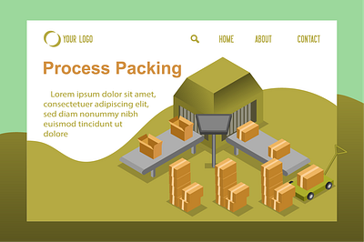 isometric pacing manufacturing for website landing page 4.0 box carton factory illustration isometric landing manufacturing packing page process robot shipping web design website