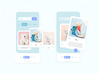 Toy Adoption adobe xd adoption app blue card challenge design dribbble flat minimal mobile page pastel simple swipe toys ui ux