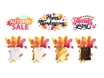 Vector illustrations of autumn fallen leaves & Thanksgiving text autumn black calligraphy fallen golden hand drawn handlettering illustration isolated leaves lettering lettering logo logo paper bag text vector white