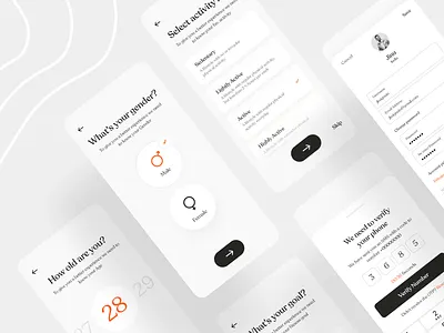 Diet app sign up flow activity age black debut design diet dish eat fitness gender illustration ios minimalism mobile profile recipe signin signup white workout
