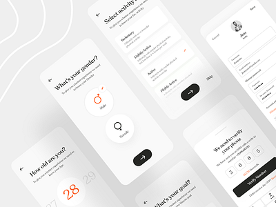 Diet app sign up flow activity age black debut design diet dish eat fitness gender illustration ios minimalism mobile profile recipe signin signup white workout