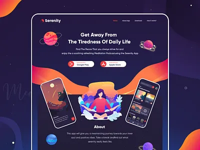 Serenity - Meditation App Landing Page app design app landing page app ui colorful design design art digital illustration landing page product design uidesign web application web design web ui ux