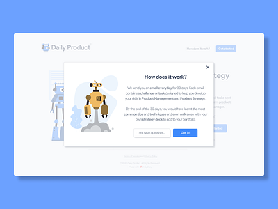 Daily Product Landing Page Pop-Up design illustration landing page landing page design minimalist popup robot startup web design web dev