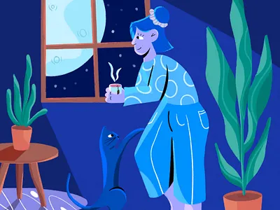 Sleep on it cat character characterdesign colour full moon fullmoon illustration illustrator insomnia interior ipad light night nightlife plants procreate stars table team window