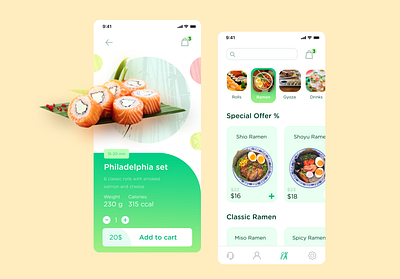 East Food Delivery add to cart app delivery food green menu product page ramen sushi ui ux white