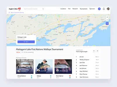 Fishing Web App Tournament Page card dailyui dashboard design fishing icon landing map minimal purple search shadow simple table ui ux uxui web webapp website