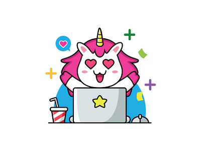 Unicorn with Laptop !!!🦄😁💗 animal background cartoon cartoon horse character colorful cute design illustration love unicorn mascot design mythical mythology pony smile sweet tail unicorn unicorn logo vector