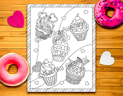 Cupcake Coloring Page adult coloring black coloring coloring book coloring page cupcake design doodle flat illustration muffin valentine vector