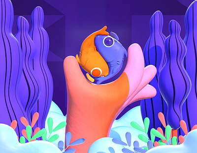 Ying Yang 3d c4d character cloud color design fish gif hand illustration plants