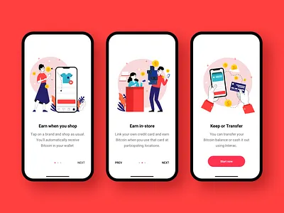 Onboarding screens for bitcoin cashback product bitcoin button cashback clean ecommerce illustrations interaction design interface ios onboarding onboarding screens product design red shop online shopping startup tutorial ui ui ux ux