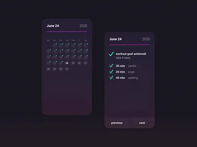 Daily UI Day 41: Workout Tracker app app design branding calendar calendar app calendar ui daily ui dailyui dark ui darkmode day041 day41 design exercise exercise app mobile nightmode ui workout workout app