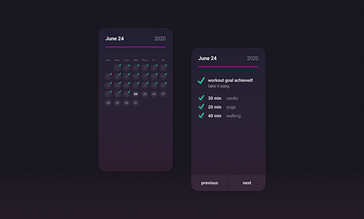 Daily UI Day 41: Workout Tracker app app design branding calendar calendar app calendar ui daily ui dailyui dark ui darkmode day041 day41 design exercise exercise app mobile nightmode ui workout workout app