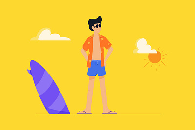 Into the Beach app beach branding character clouds flat glass illustration minimal shirt shorts summer sunny surf board ui ux vector wave web website