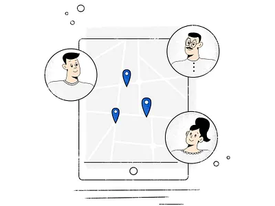 Bank Employees app bank branding design finance gray illustration location man map navigation people tablet team woman