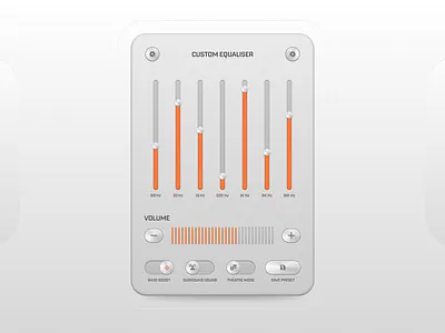 Equaliser interface concept design in neumorphism style bass concept design custom button equaliser equaliser design figma freelance hertz interface design metalic metalic buttons music neumorphism orange shadows ui uiux ux ux design volume