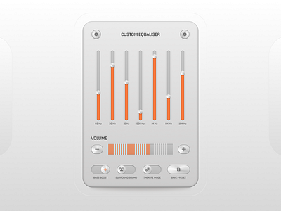 Equaliser interface concept design in neumorphism style bass concept design custom button equaliser equaliser design figma freelance hertz interface design metalic metalic buttons music neumorphism orange shadows ui uiux ux ux design volume