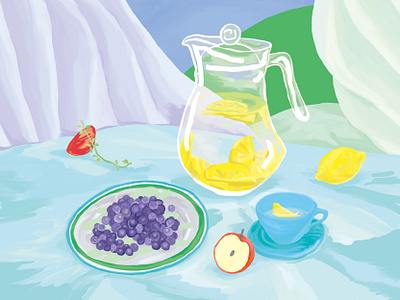 Lemon water & Blueberry blue detox green stilllife table