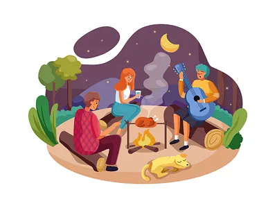 Happy friends enjoy camping picnic and barbecue barbecue branding camping celebration cheerful concept cooking dance decoration design friends holiday illustration material outdoor party picnic template trip vector