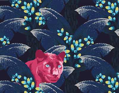 Feline adrian blue bold cissé hide illustration jungle palm panther pattern pink print tree wallpaper