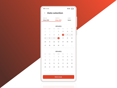 Date selection app ui appui booking branding business calendar checkin checkout clean design clean ui dailyui homepage hotel app minimalist design modern design orange shipping soft ui ui design ui ux